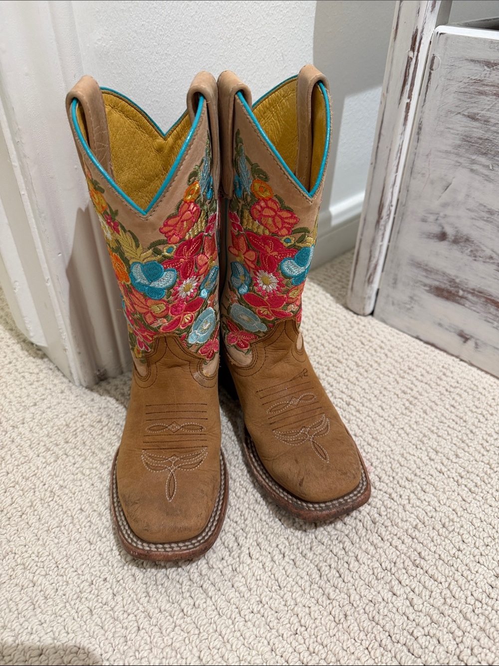 Macie Bean Tan Cowboy Boots with Turquoise & Pink Floral Embroidery